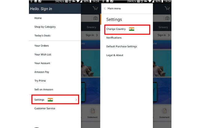 Change country setting on Amazon mobile app